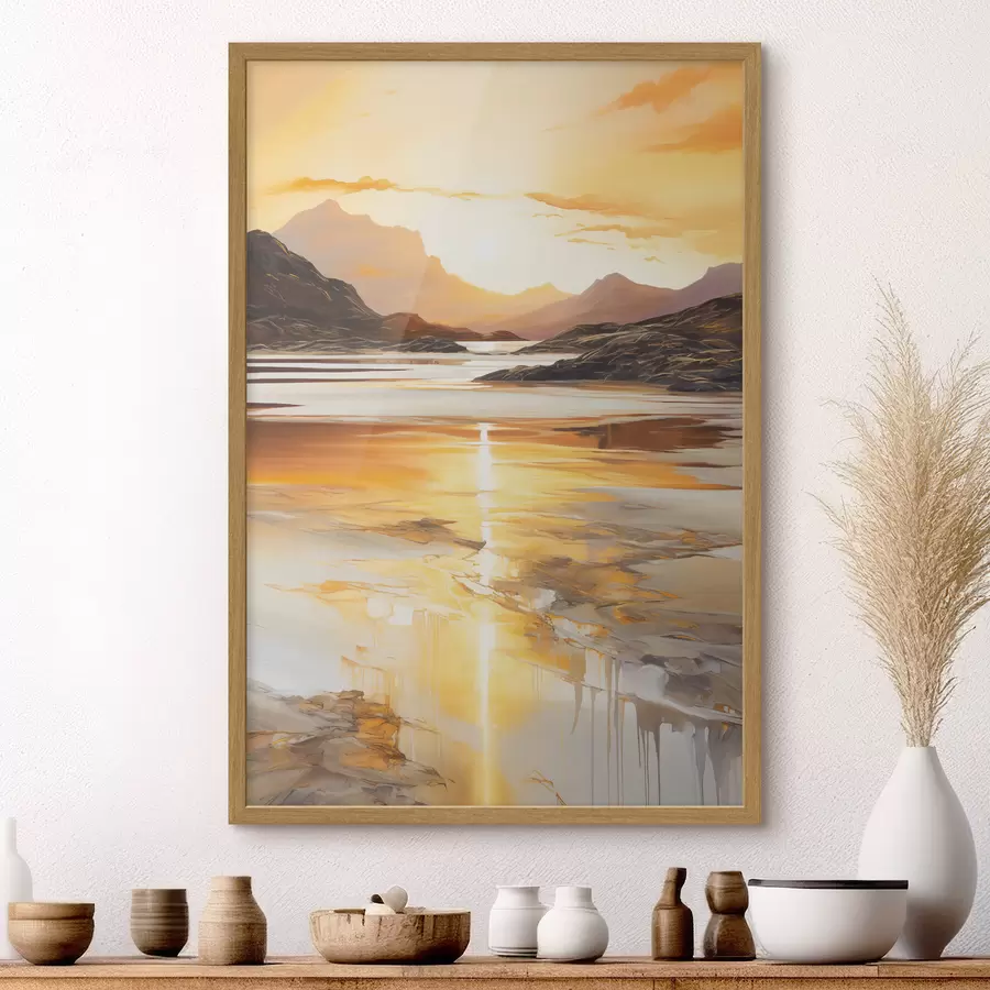 Fototapete Eine Landschaft mit einem Fluss und Bergen unter einem warmen orangefarbenen Himmel, Sonnenuntergang f48755