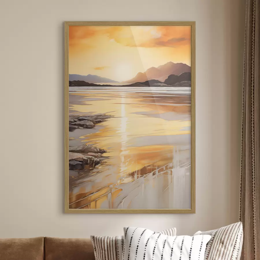 Fototapete Eine Landschaft mit einem Fluss und Bergen unter einem warmen orangefarbenen Himmel, Sonnenuntergang f48756