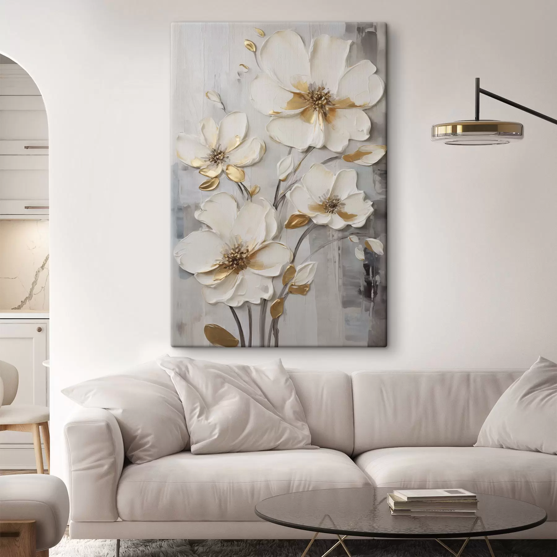 Fototapete Weiße Blumen mit gelben Akzenten auf einem strukturierten Hintergrund s48721
