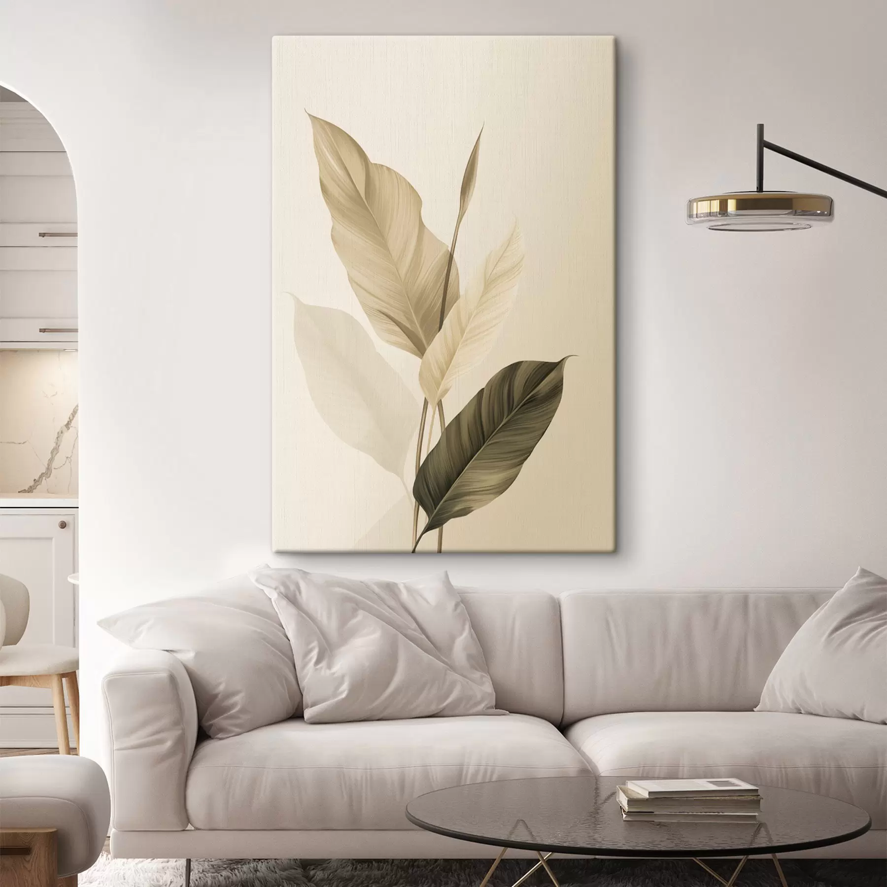 Fototapete Große tropische Blätter in Beige- und Brauntönen, heller Hintergrund s48725