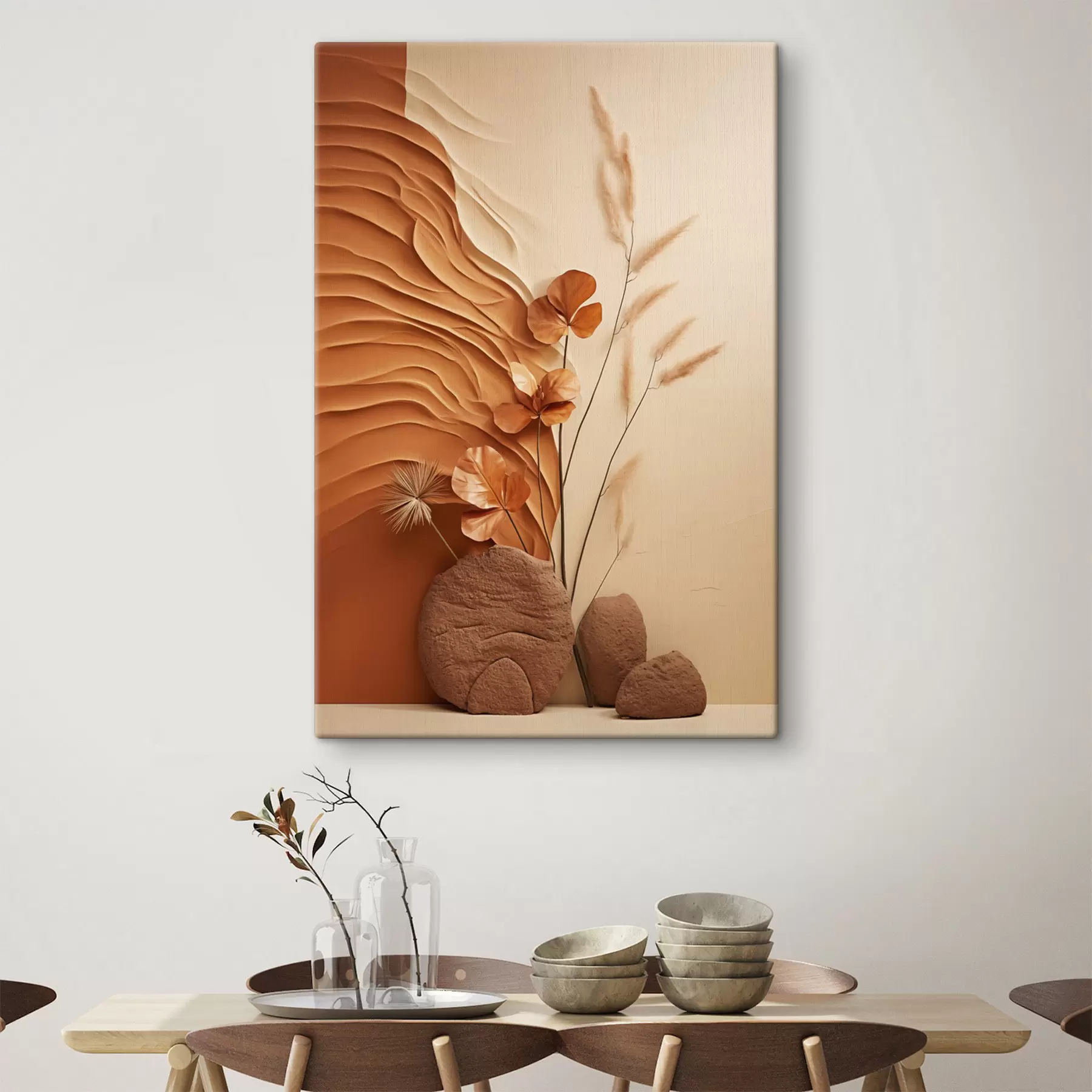 Fototapete Ein minimalistisches Kunstwerk mit Trockenblumen und Pampasgras, strukturierter Hintergrund s48739