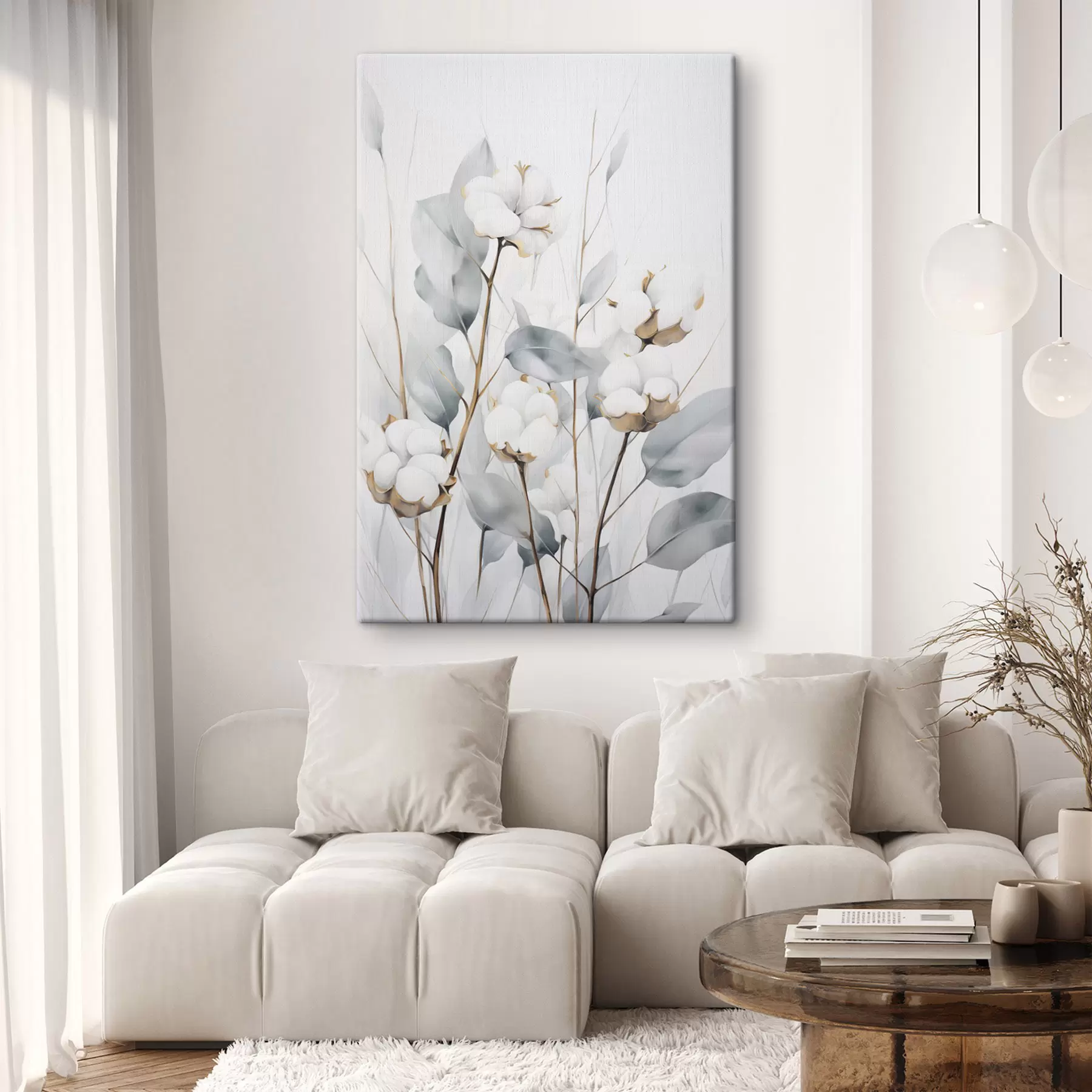 Fototapete Eine weiße Baumwollpflanze mit hellblaugrünen Blättern vor einem hellen Hintergrund s48743