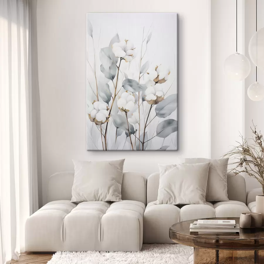 Fototapete Eine weiße Baumwollpflanze mit hellblaugrünen Blättern vor einem hellen Hintergrund s48743