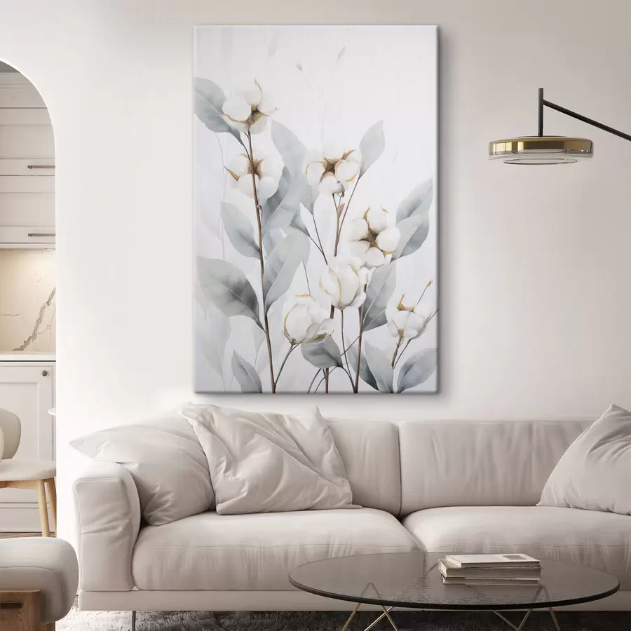 Fototapete Eine weiße Baumwollpflanze mit hellblaugrünen Blättern vor einem hellen Hintergrund s48744