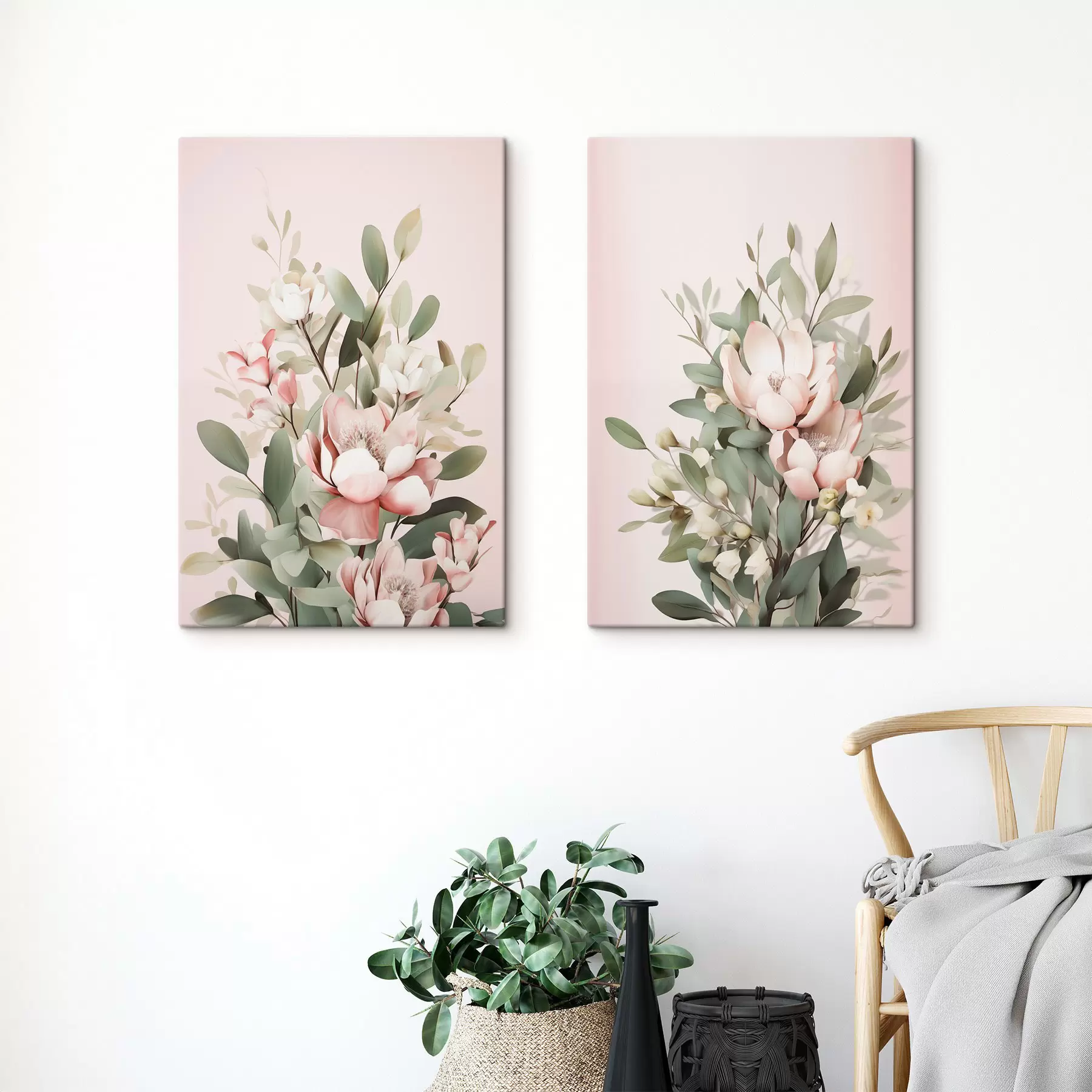 Fototapete Ein Strauß pastellfarbener Blumen mit Eukalyptusblättern vor hellrosa Hintergrund m30314