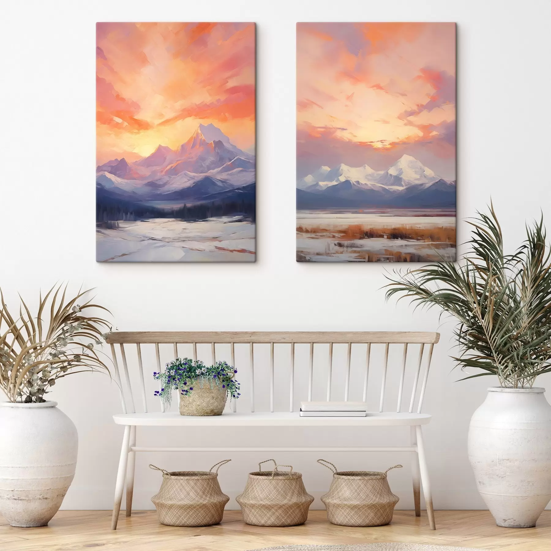 Fototapete Schneebedeckte Berge unter einem leuchtend orange-rosa Himmel mit Wolken m30321
