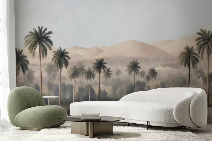 Fototapete Tropische Landschaft mit Palmen und Bergen, Vintage-Panorama in Beige- und Grüntönen w09798