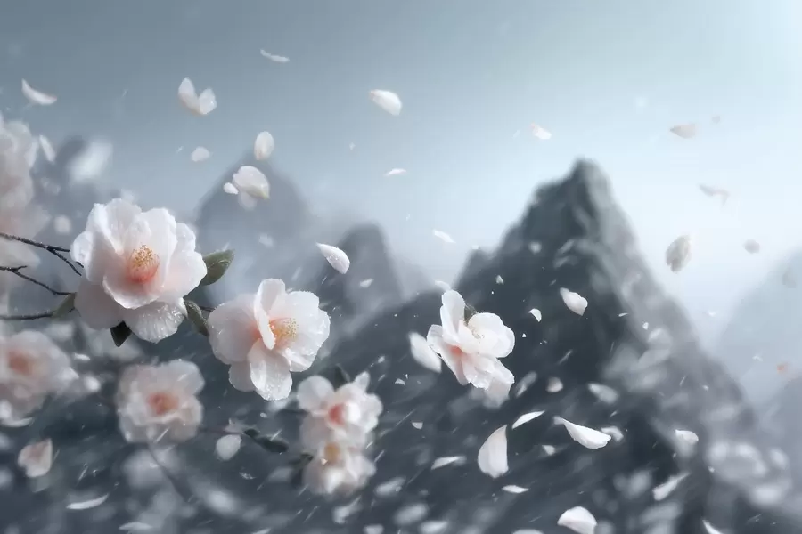 Fototapete Zarte Kirschblüten vor einer Bergkulisse, stimmungsvolle japanische Landschaft in Pastelltönen w09808