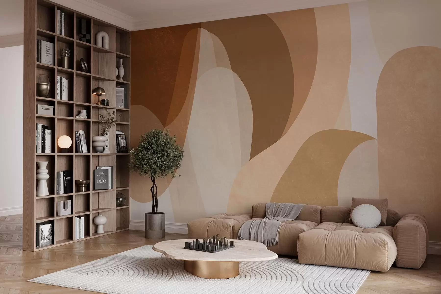 Fototapete abstrakte Kurven in Braun-, Beige- und Rotbrauntönen w05387