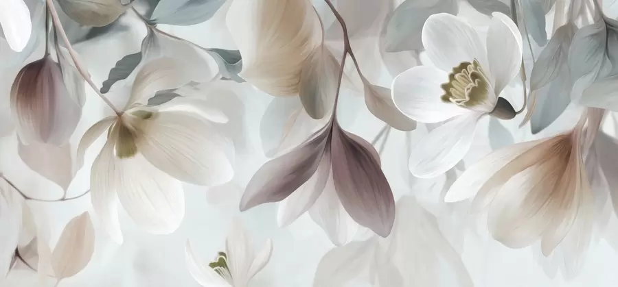 Fototapete eine zarte Komposition aus Blumen und Blättern in Pastelltönen w05240