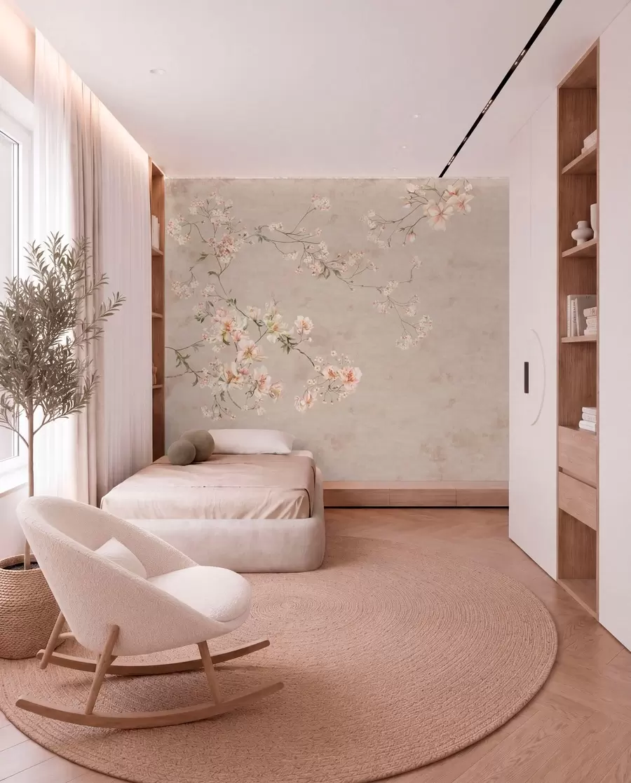 Fototapete Zarte Blumenranken im Chinoiserie-Stil auf hellem Hintergrund w05427
