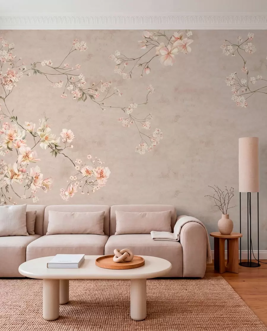 Fototapete Zarte Blumenranken im Chinoiserie-Stil auf hellem Hintergrund w05427