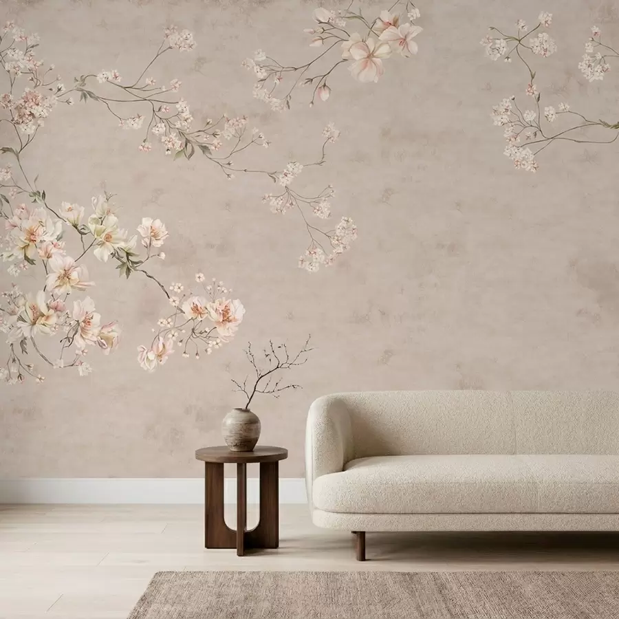 Fototapete Zarte Blumenranken im Chinoiserie-Stil auf hellem Hintergrund w05427