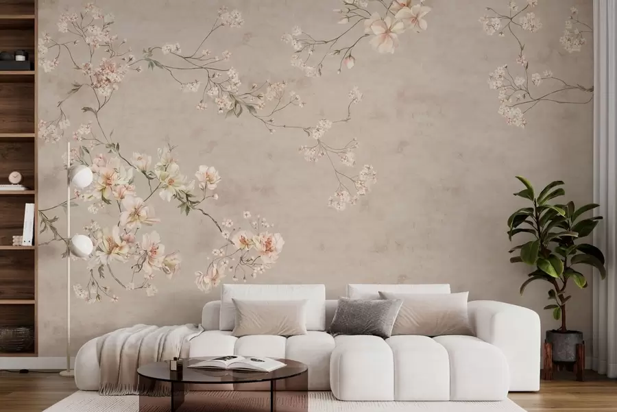 Fototapete Zarte Blumenranken im Chinoiserie-Stil auf hellem Hintergrund w05427