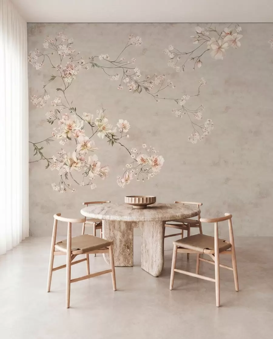 Fototapete Zarte Blumenranken im Chinoiserie-Stil auf hellem Hintergrund w05427
