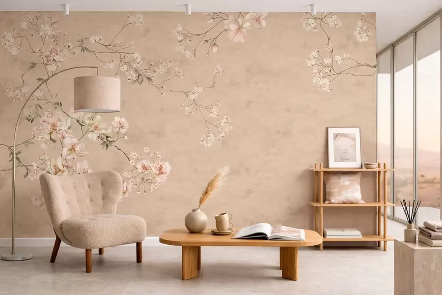 Fototapete Blütenzweige im Chinoiserie-Stil auf warmem beigem Hintergrund w05427v2