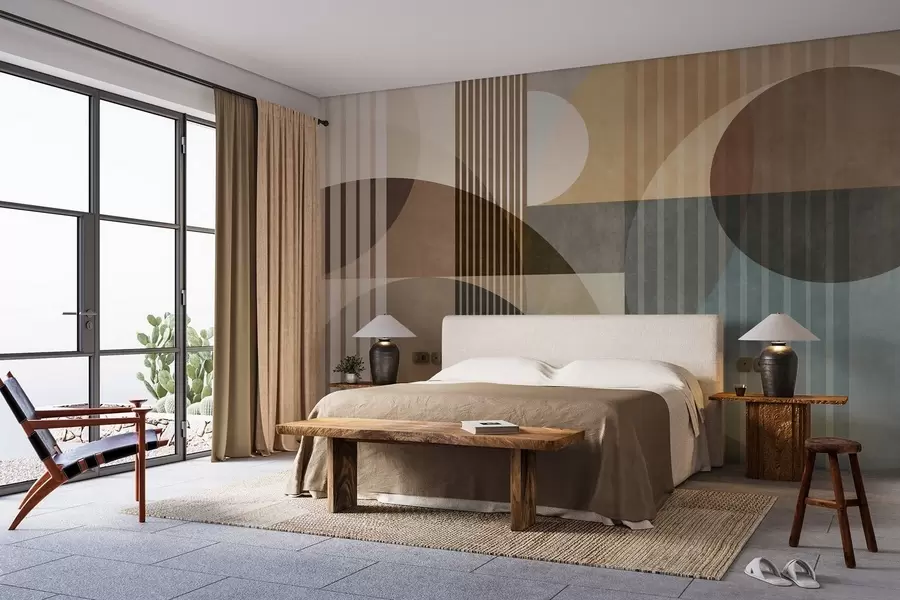 Fototapete Abstrakte geometrische Formen aus Kreisen und Linien, gedämpfte Erdtöne, strukturierte, vielschichtige Komposition w09834