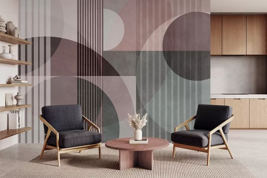 Fototapete Abstrakte geometrische Formen aus Kreisen und Linien, gedämpfte Farbtöne, strukturierte, vielschichtige Komposition w09834v1