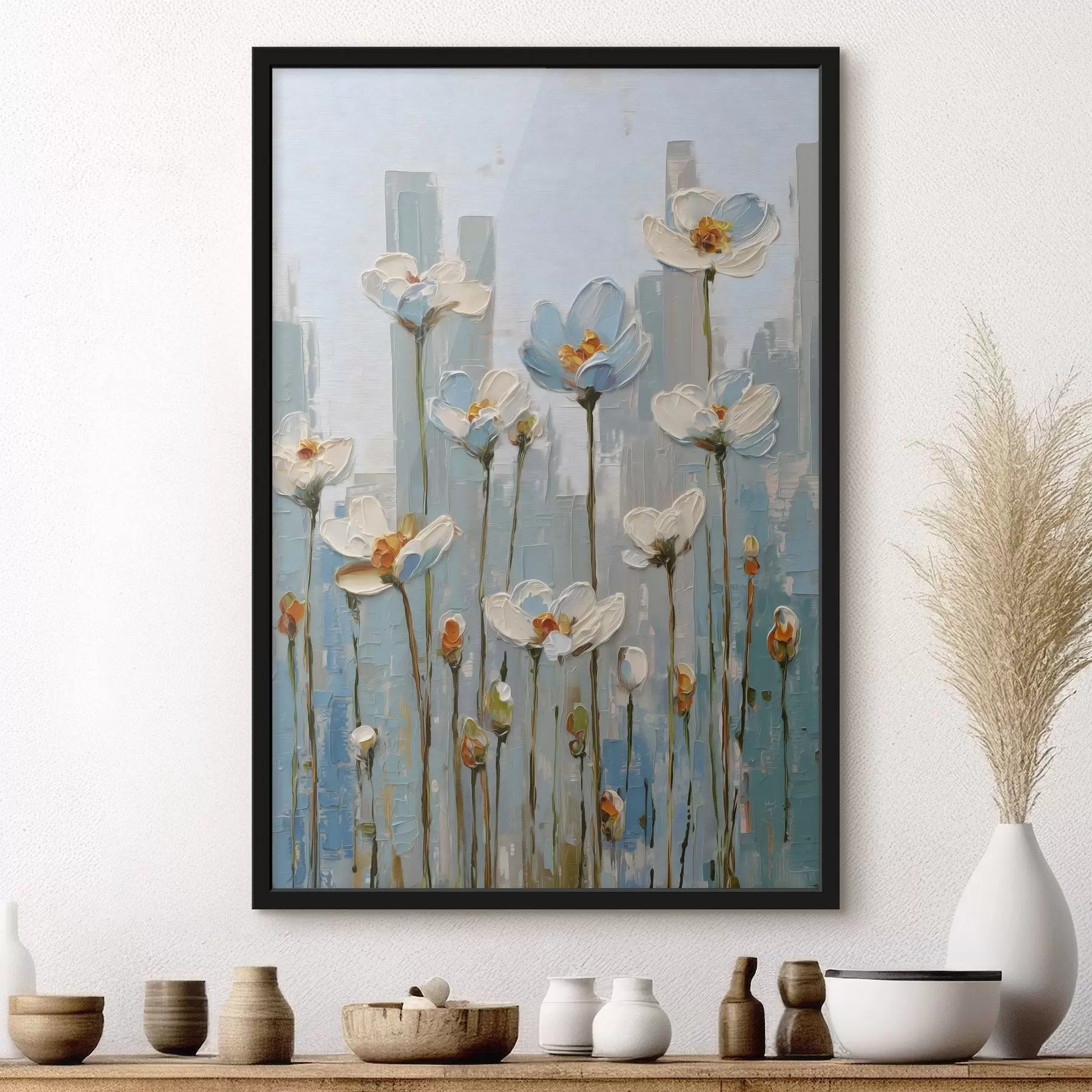 Fototapete Blumen vor einer städtischen Kulisse, im Stil eines Ölgemäldes f48786