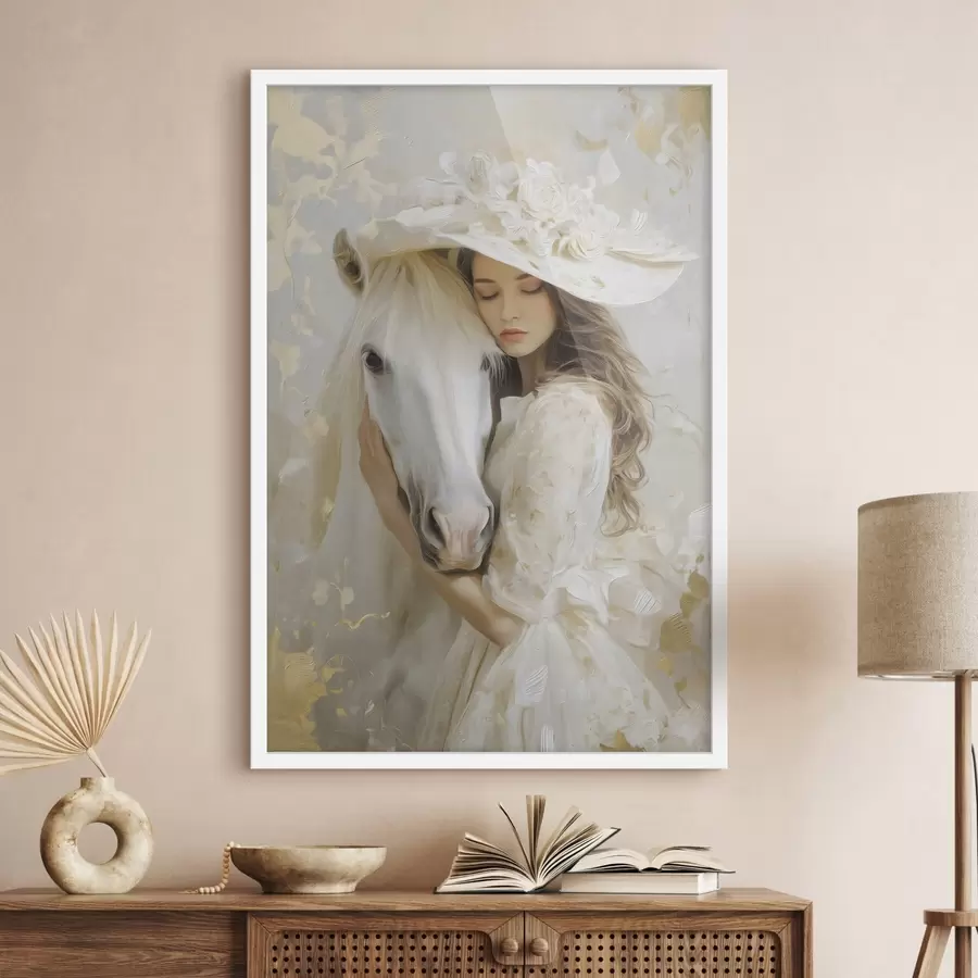 Fototapete ein Mädchen mit einem weißen Pferd, im Ölstil gemalt f48790