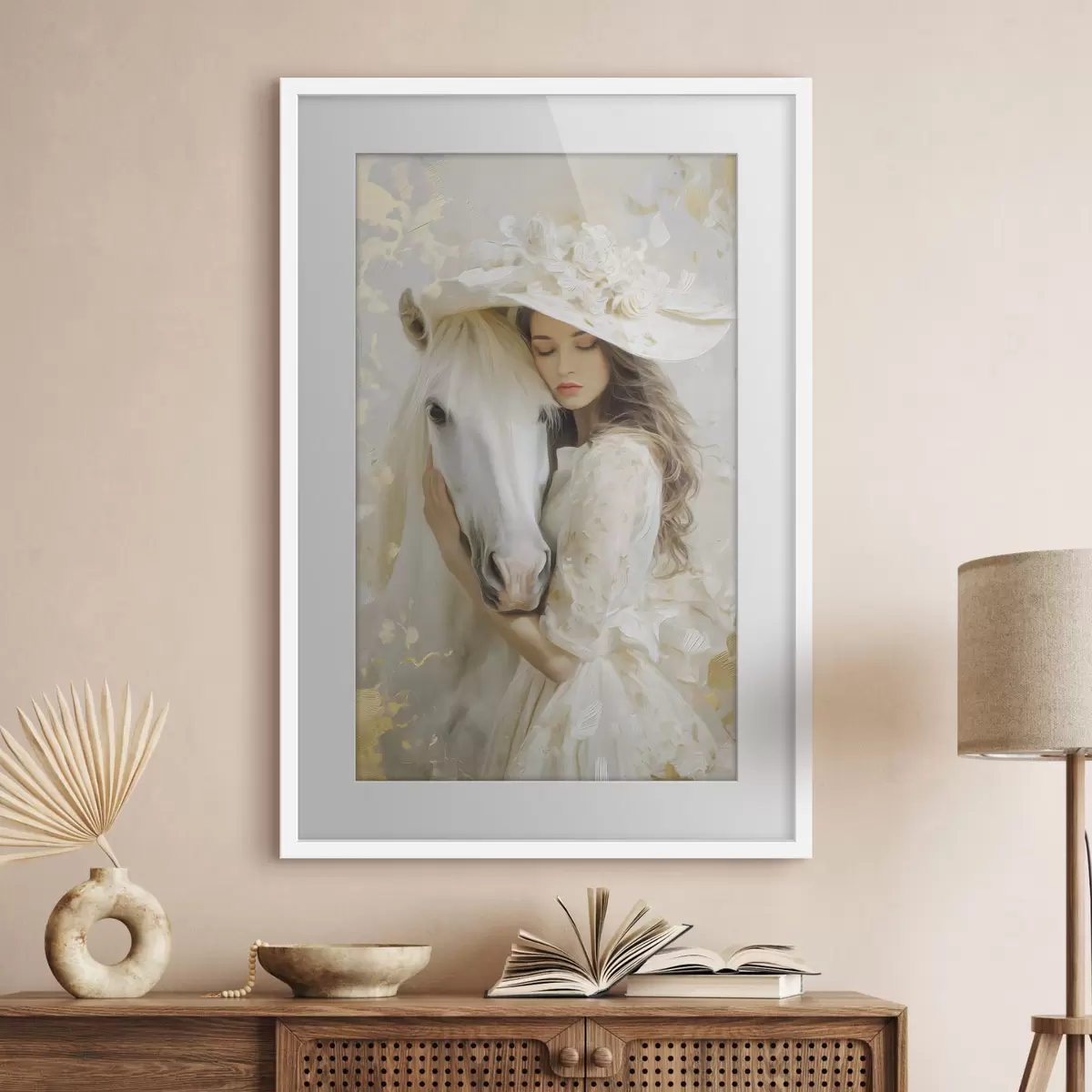 Poster ein Mädchen mit einem weißen Pferd, im Ölstil gemalt f48790