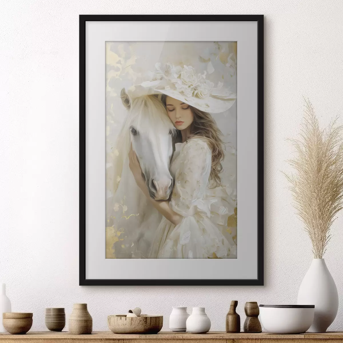 Poster ein Mädchen mit einem weißen Pferd, im Ölstil gemalt f48790