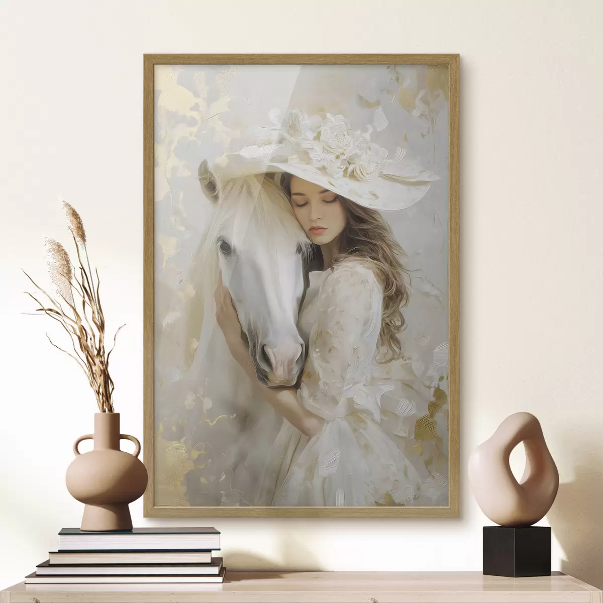 Poster ein Mädchen mit einem weißen Pferd, im Ölstil gemalt f48790