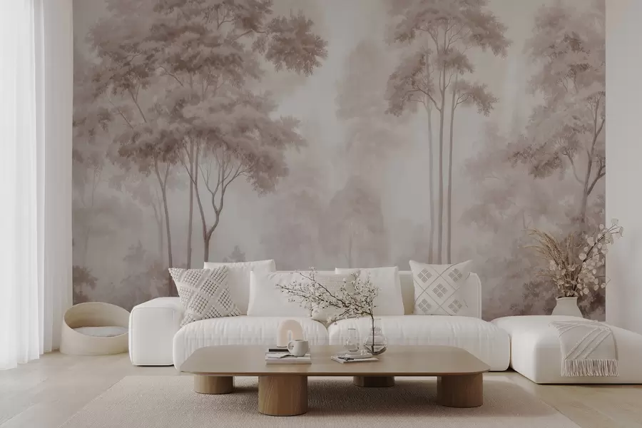 Fototapete Abstrakte Waldlandschaft in rauchigen Beigetönen mit einer gewissen Tiefenwirkung w09657