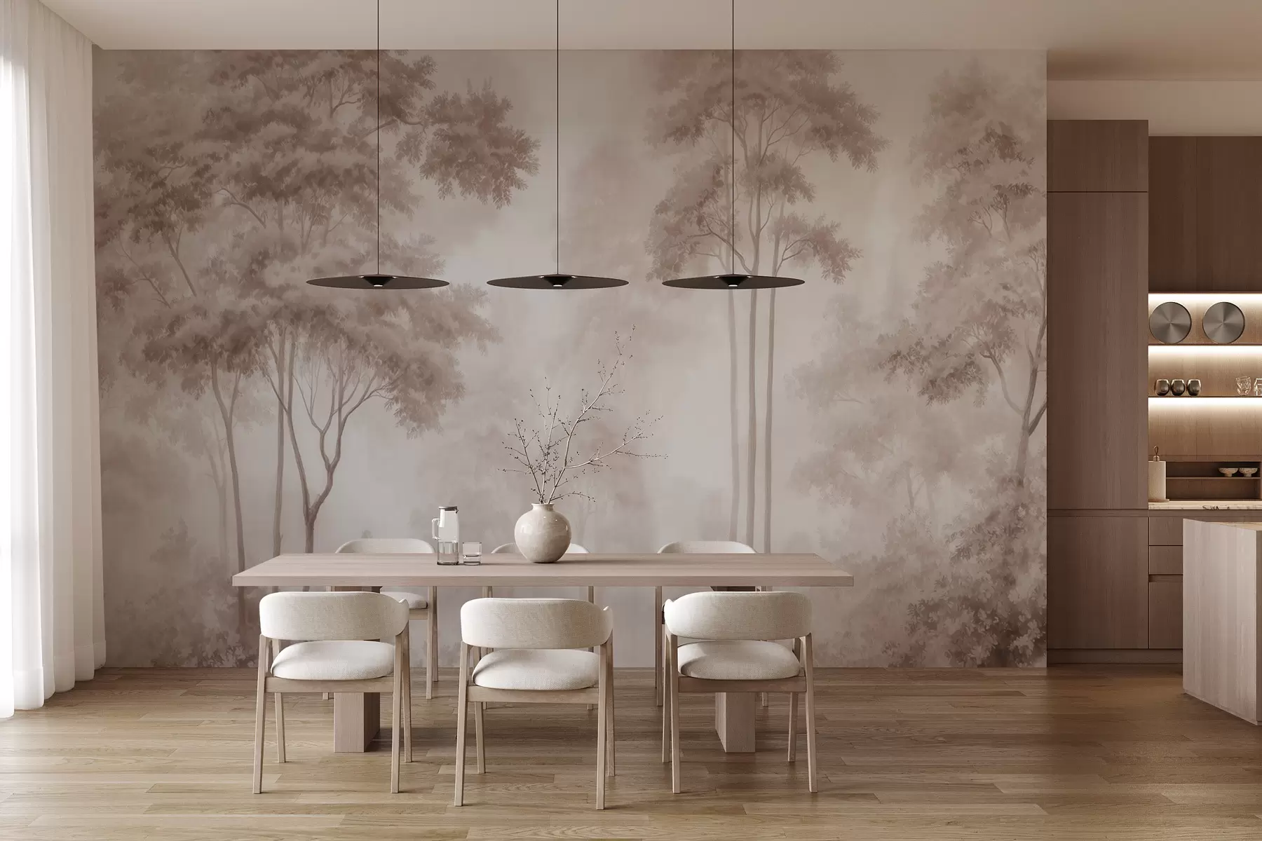 Fototapete Abstrakte Waldlandschaft in rauchigen Beigetönen mit einer gewissen Tiefenwirkung w09657