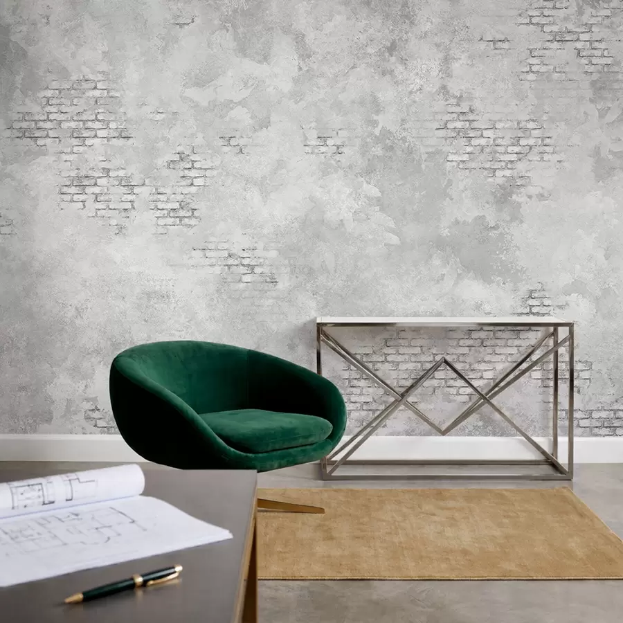 Fototapete Grauer Putz im Grunge-Stil mit freiliegenden Ziegelstellen w05161v2