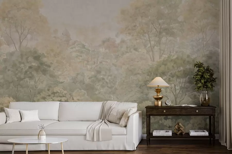 Fototapete Eine Waldlandschaft im Vintage-Stil in gedämpften Grüntönen w05433