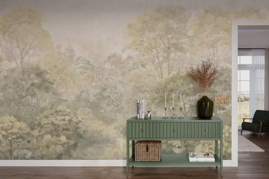 Fototapete Eine Waldlandschaft im Vintage-Stil in gedämpften Grüntönen w05433
