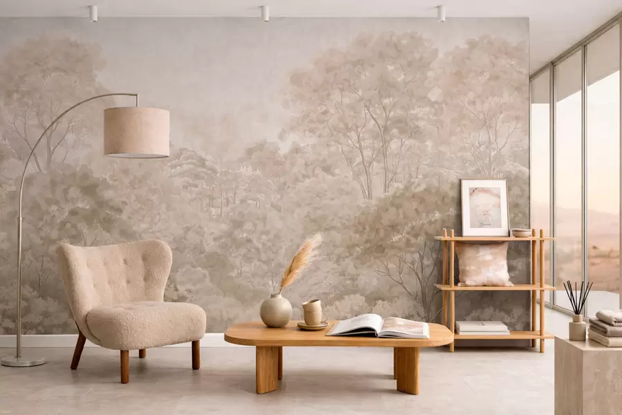 Fototapete Waldlandschaft im Vintage-Stil in warmen Beigetönen w05433v1