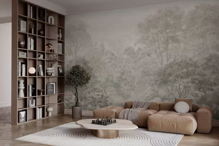 Fototapete Vintage-Landschaft mit hellem Wald in Pastelltönen w05433v2