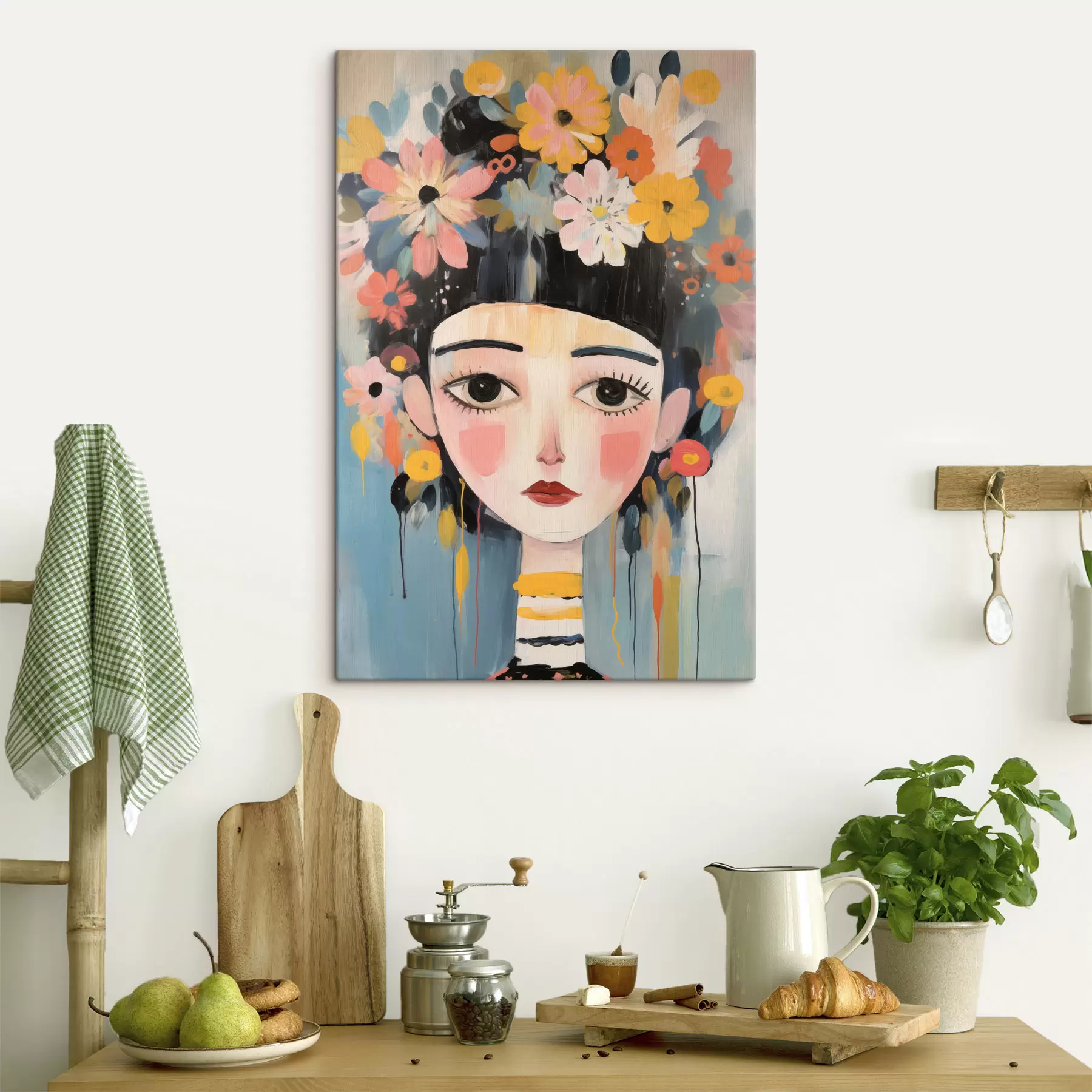 Fototapete Porträt einer Frau mit Blumen im Haar, im abstrakten Stil s48935