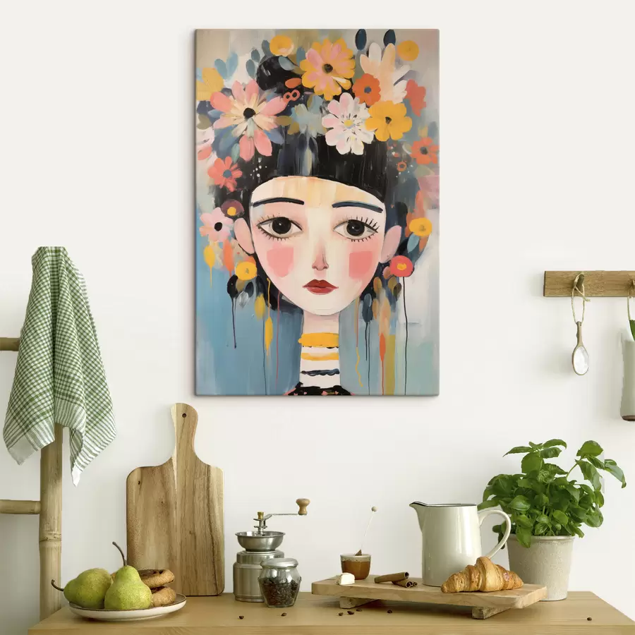 Fototapete Porträt einer Frau mit Blumen im Haar, im abstrakten Stil s48935