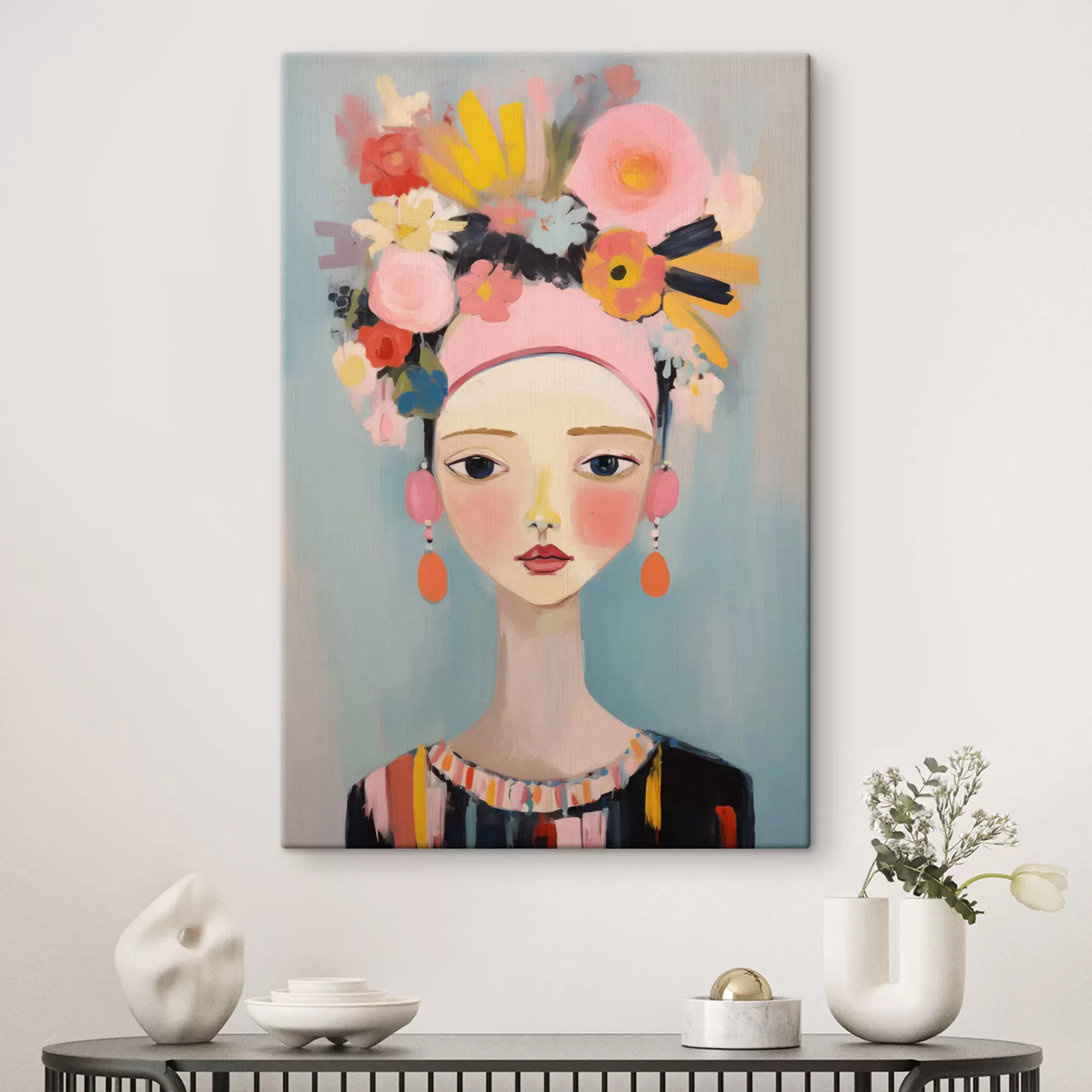 Fototapete Porträt einer Frau mit Blumen im Haar, im abstrakten Stil s48936