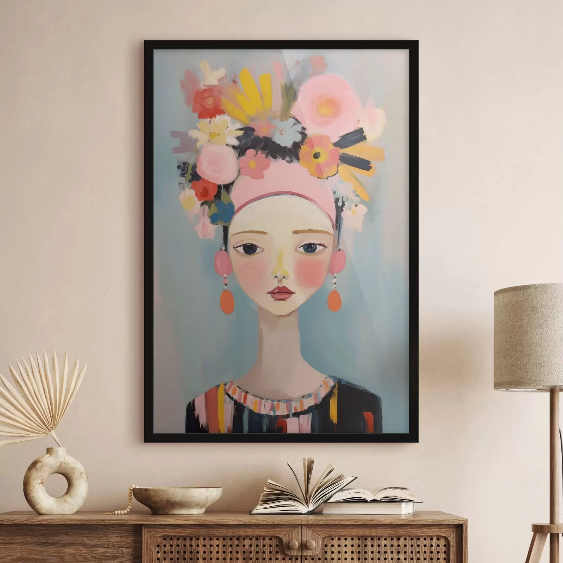 Fototapete Porträt einer Frau mit Blumen im Haar, im abstrakten Stil f48936
