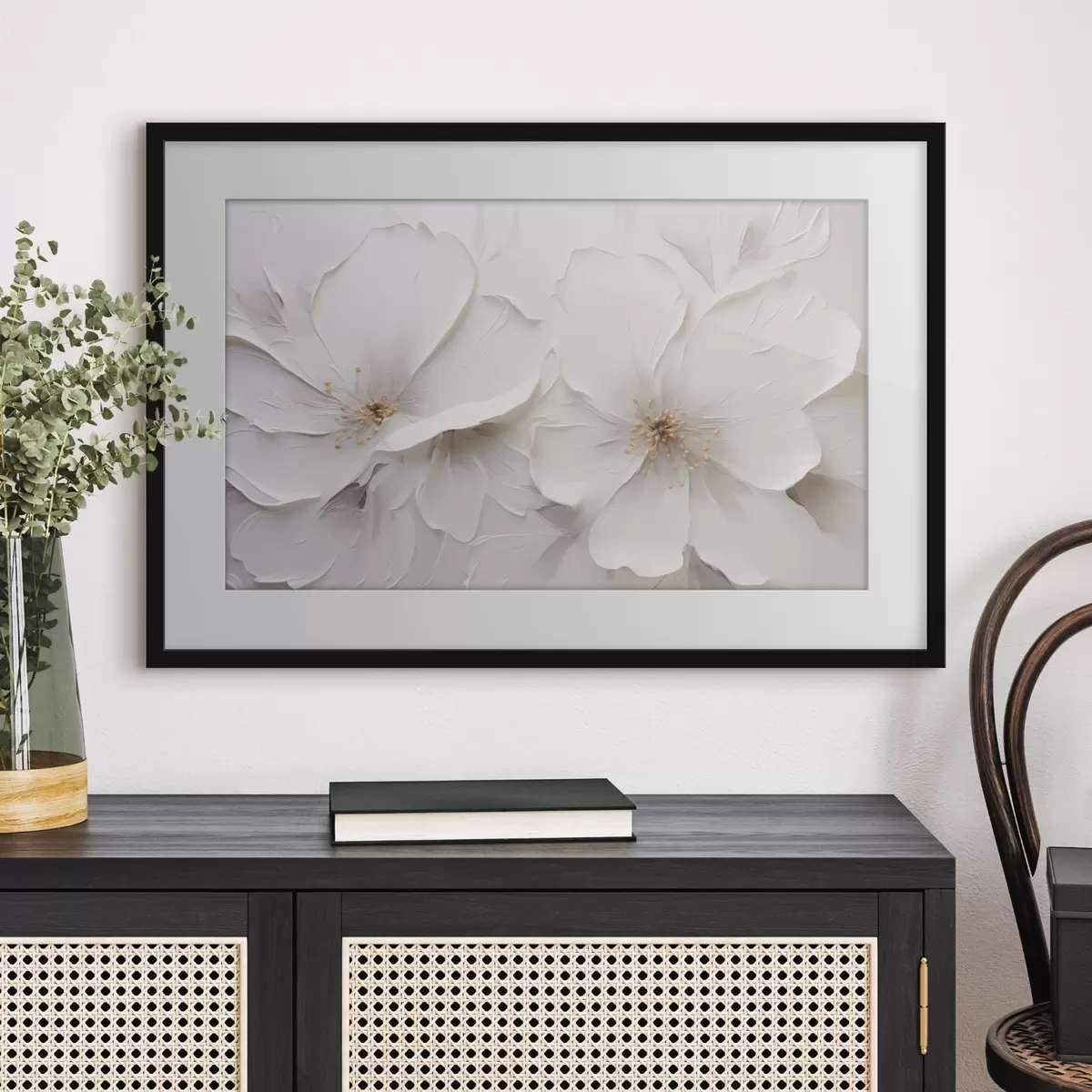 Poster Minimalistische, geprägte weiße Blumen mit sanften Schatten f48796