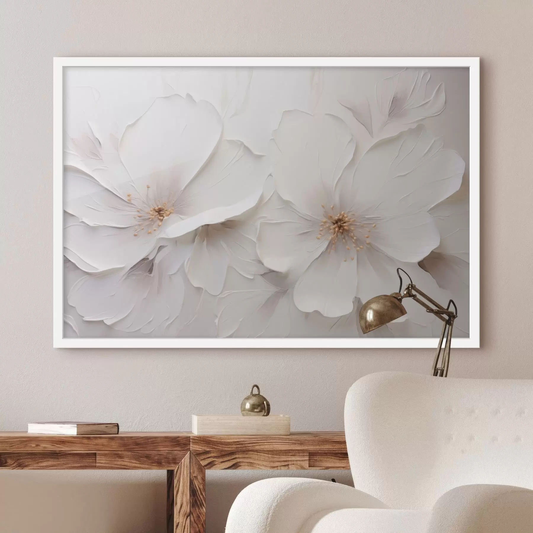 Fototapete Minimalistische, geprägte weiße Blumen mit sanften Schatten f48796