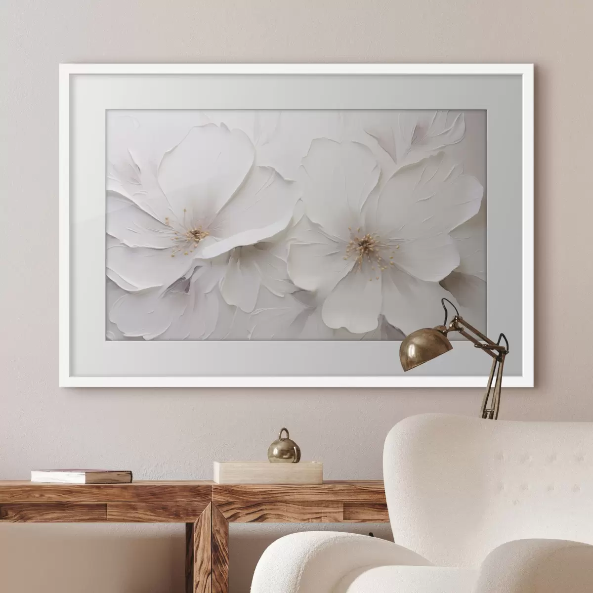 Poster Minimalistische, geprägte weiße Blumen mit sanften Schatten f48796