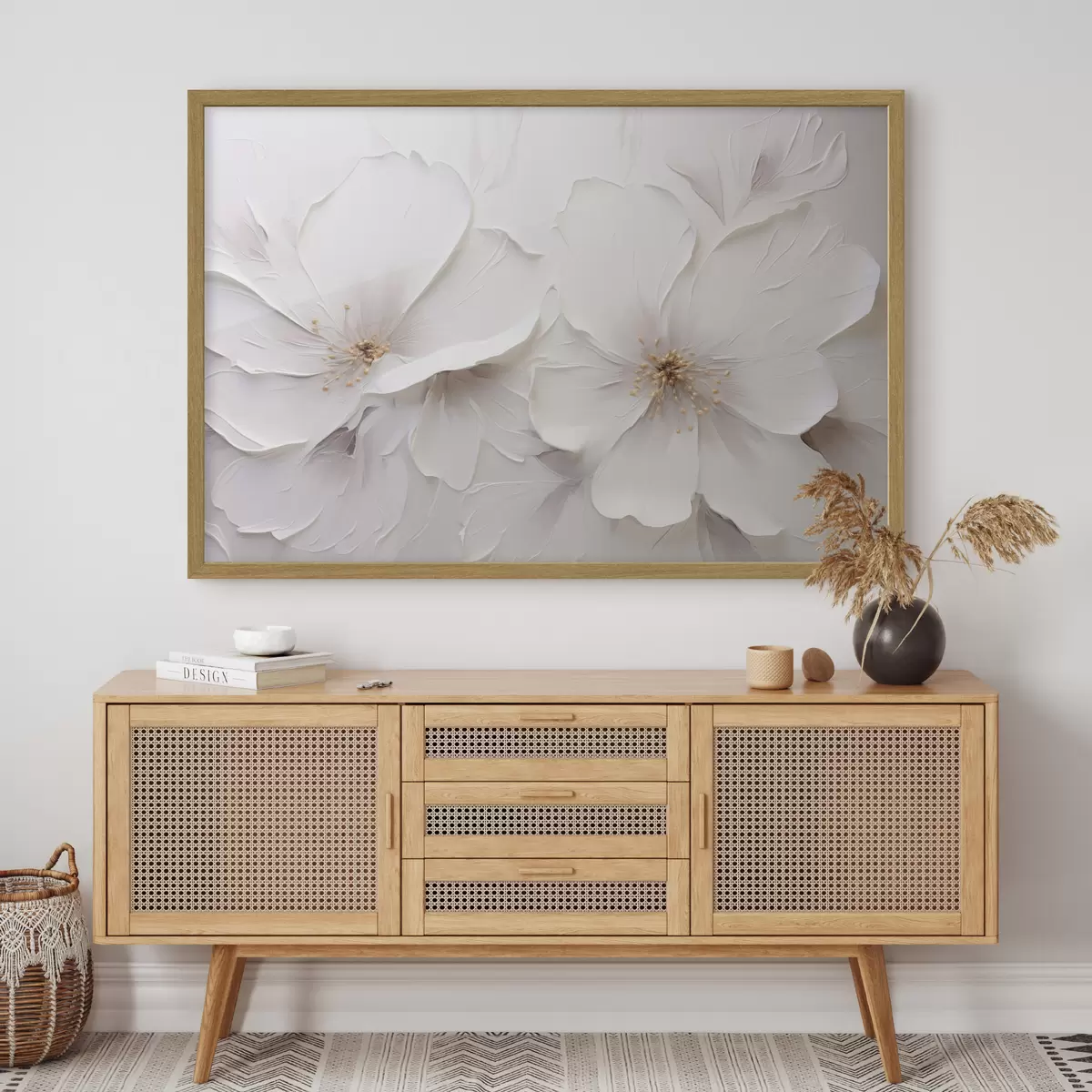 Poster Minimalistische, geprägte weiße Blumen mit sanften Schatten f48796