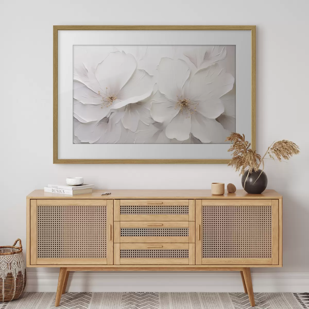 Poster Minimalistische, geprägte weiße Blumen mit sanften Schatten f48796