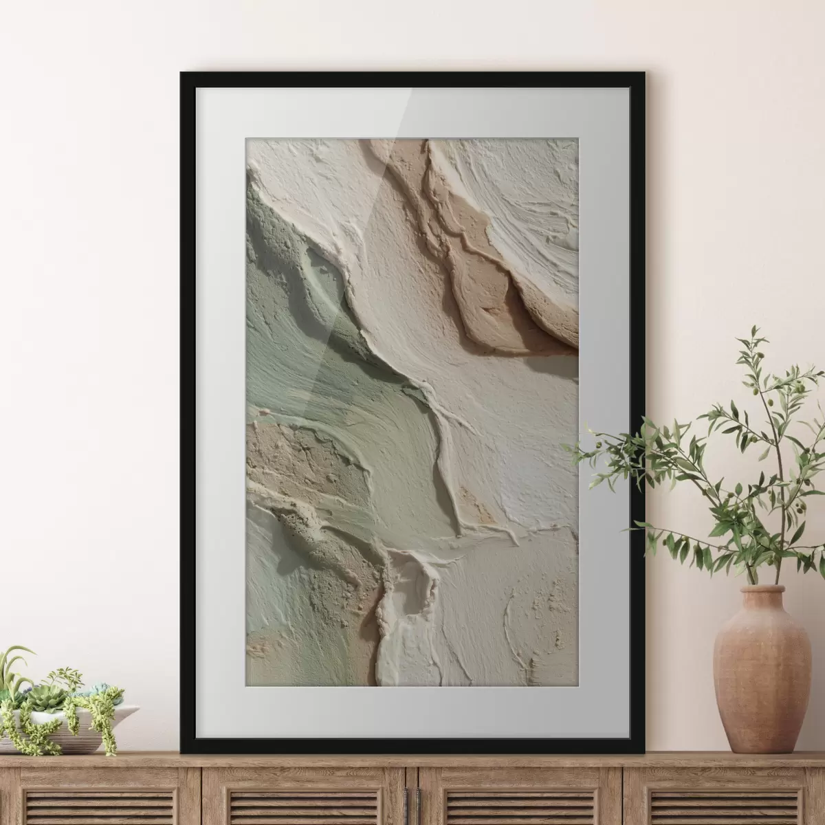Poster Abstrakte Textur im Impasto-Stil in Beige- und Grüntönen f48799