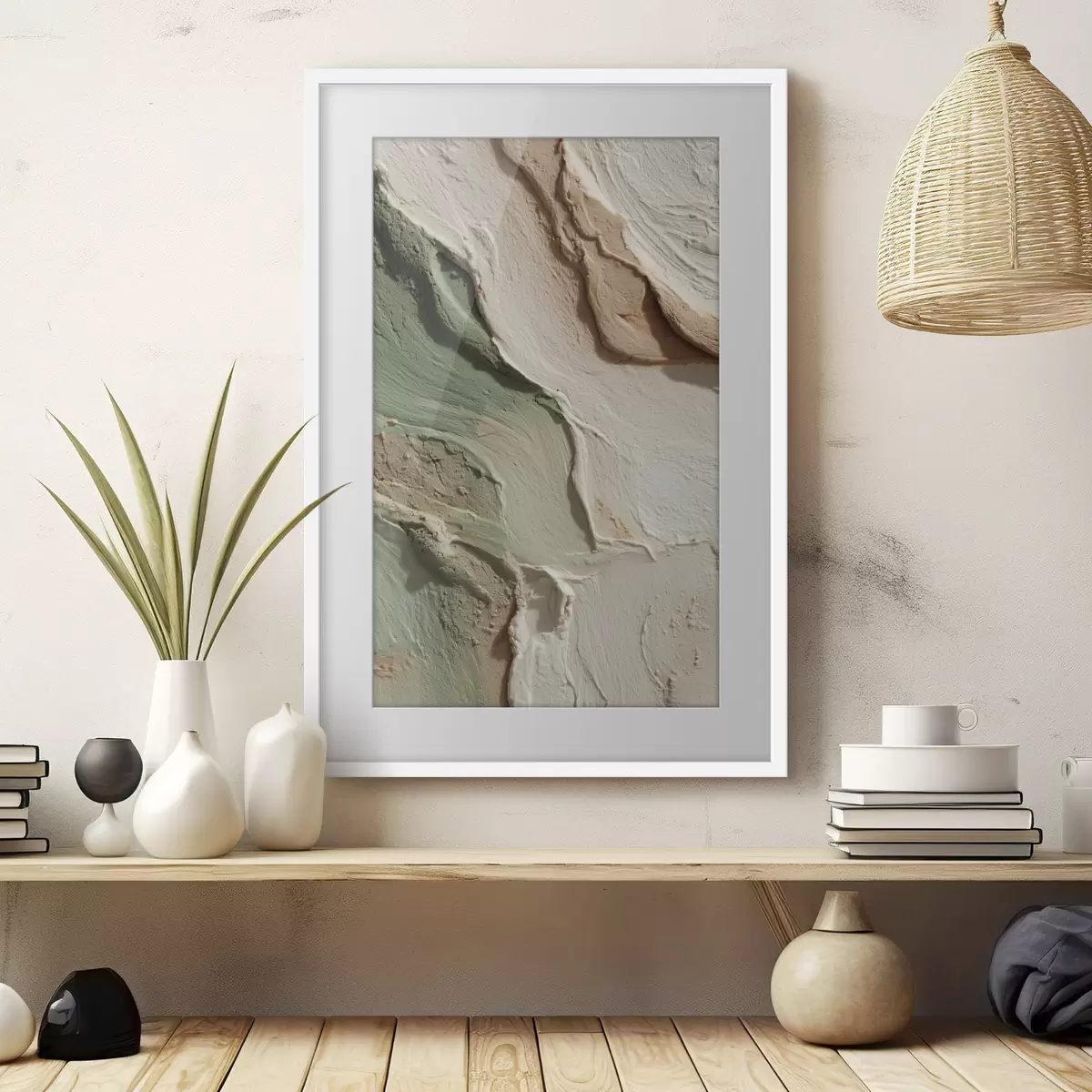 Poster Abstrakte Textur im Impasto-Stil in Beige- und Grüntönen f48799