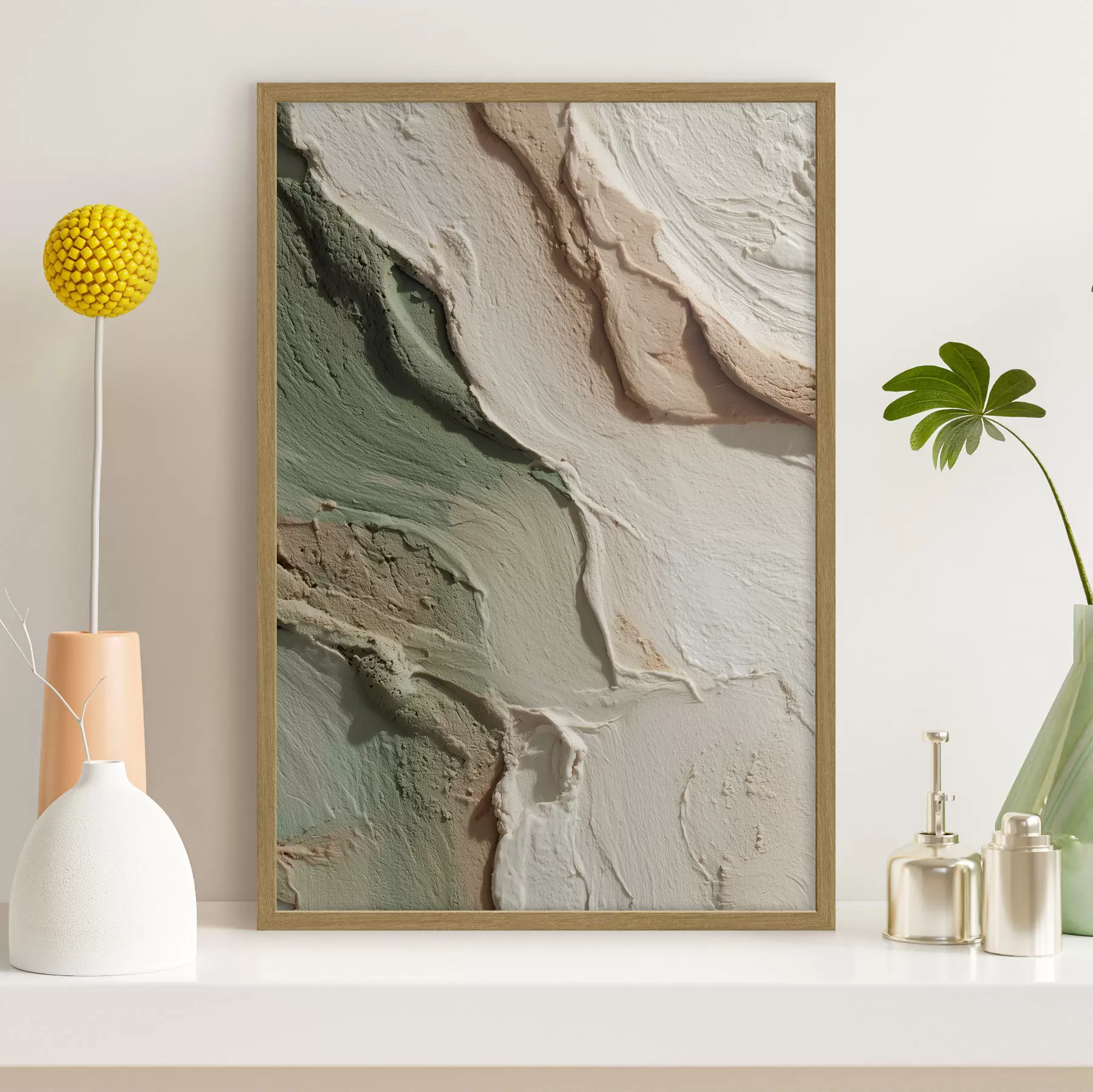 Fototapete Abstrakte Textur im Impasto-Stil in Beige- und Grüntönen f48799