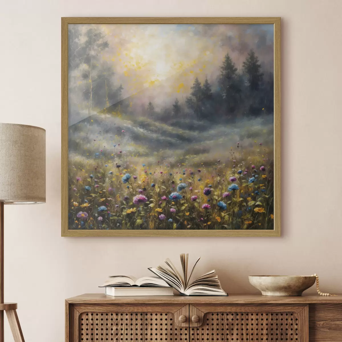 Poster Blumenfeld im Stil des Impressionismus in warmem Licht f48802