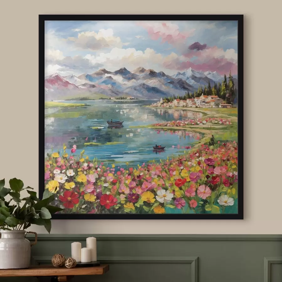Fototapete Impressionistischer Bergsee mit Booten und Blumen f48806
