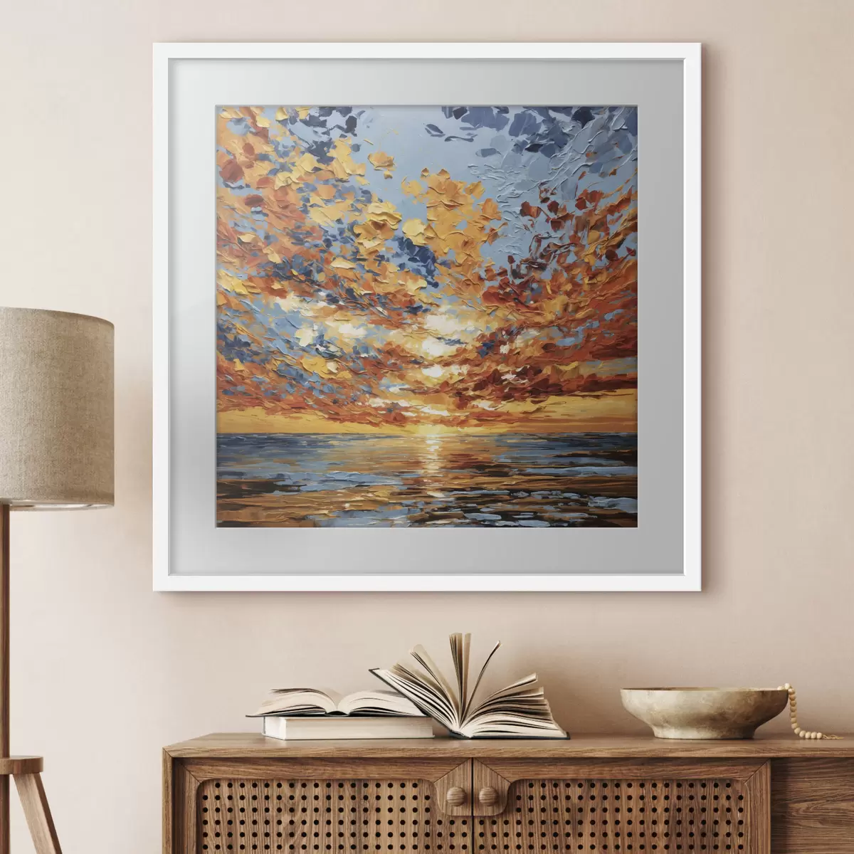 Poster Dramatischer Sonnenuntergang über dem Meer im Impasto-Stil f48810