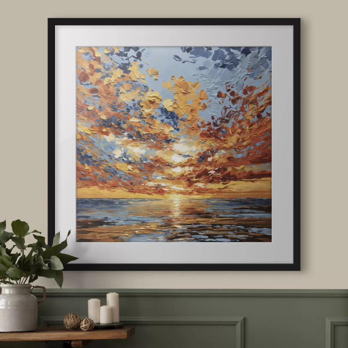 Poster Dramatischer Sonnenuntergang über dem Meer im Impasto-Stil f48810